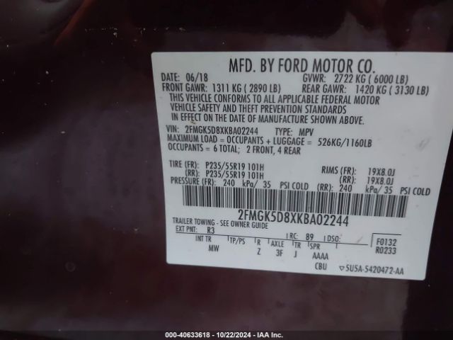 Photo 8 VIN: 2FMGK5D8XKBA02244 - FORD FLEX LIMIT 