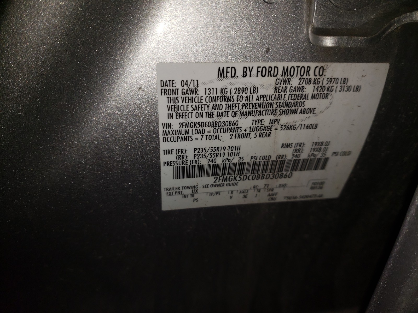 Photo 9 VIN: 2FMGK5DC0BBD30860 - FORD FLEX LIMIT 