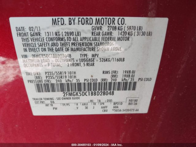 Photo 8 VIN: 2FMGK5DC1BBD28048 - FORD FLEX 