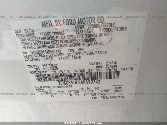 Photo 8 VIN: 2FMGK5DC3ABA99743 - FORD FLEX 