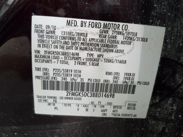 Photo 9 VIN: 2FMGK5DC3BBD14698 - FORD FLEX LIMIT 