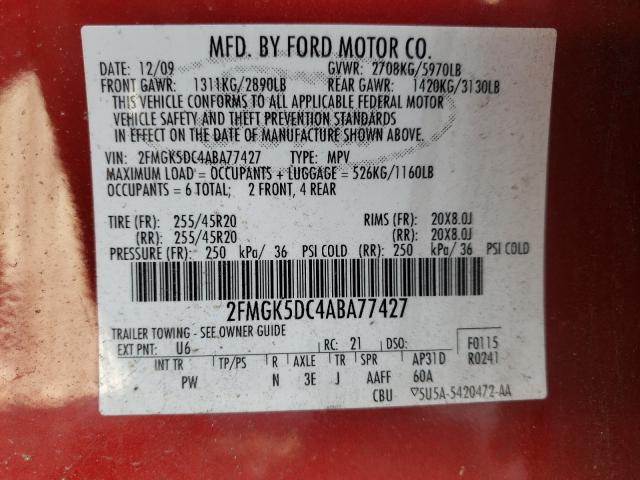 Photo 9 VIN: 2FMGK5DC4ABA77427 - FORD FLEX LIMIT 