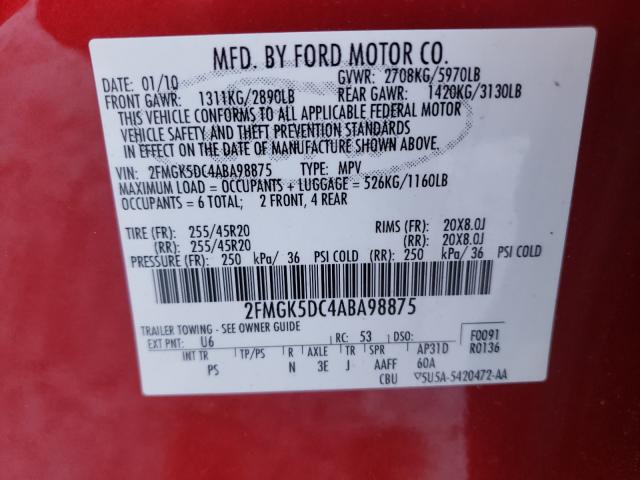 Photo 9 VIN: 2FMGK5DC4ABA98875 - FORD FLEX LIMIT 