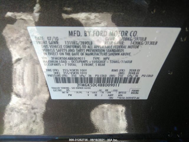 Photo 8 VIN: 2FMGK5DC4BBD09011 - FORD FLEX 