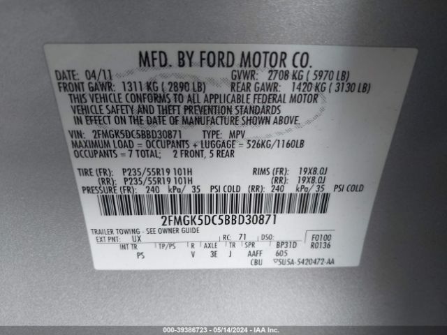 Photo 8 VIN: 2FMGK5DC5BBD30871 - FORD FLEX 