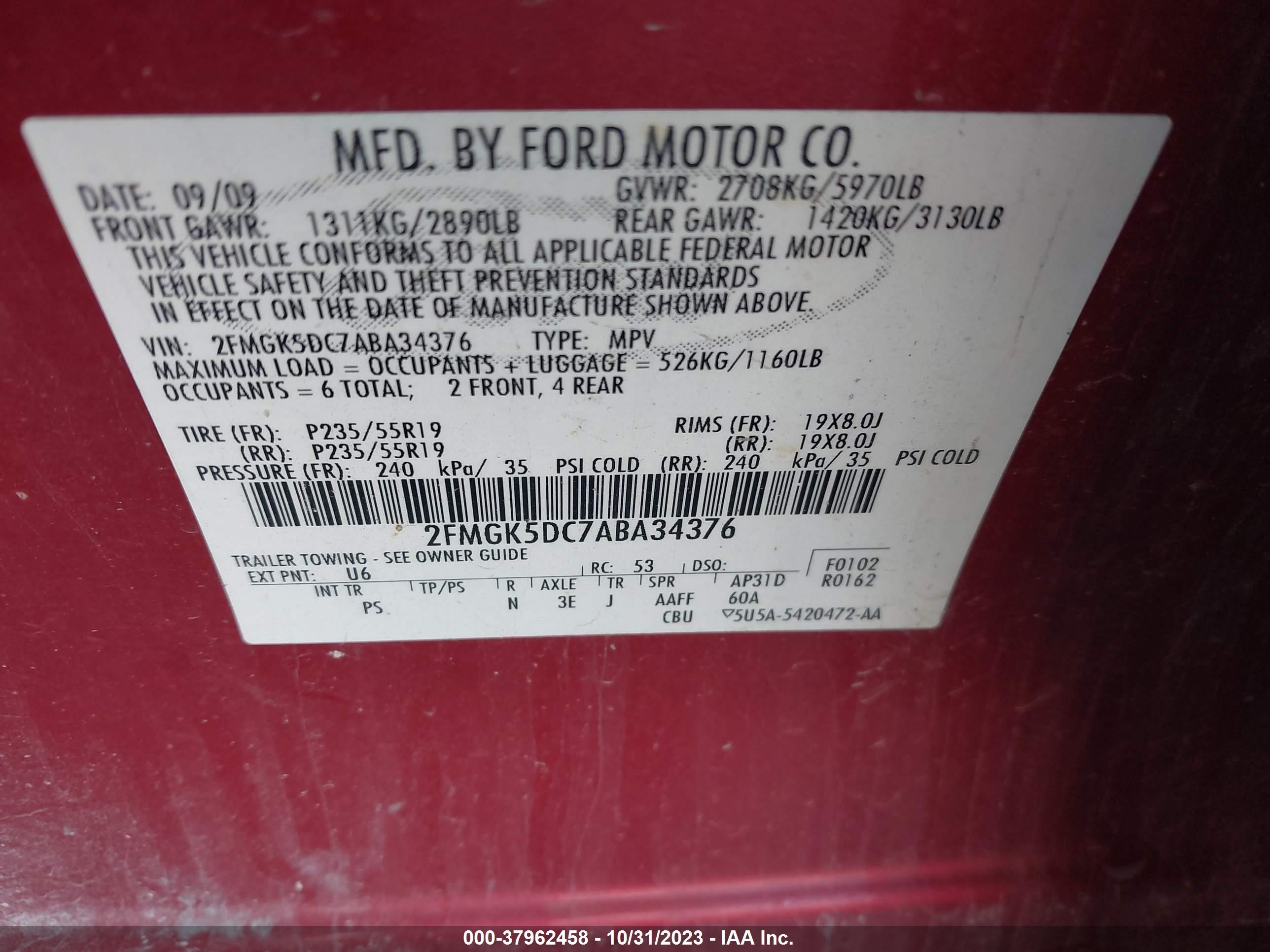 Photo 8 VIN: 2FMGK5DC7ABA34376 - FORD FLEX 