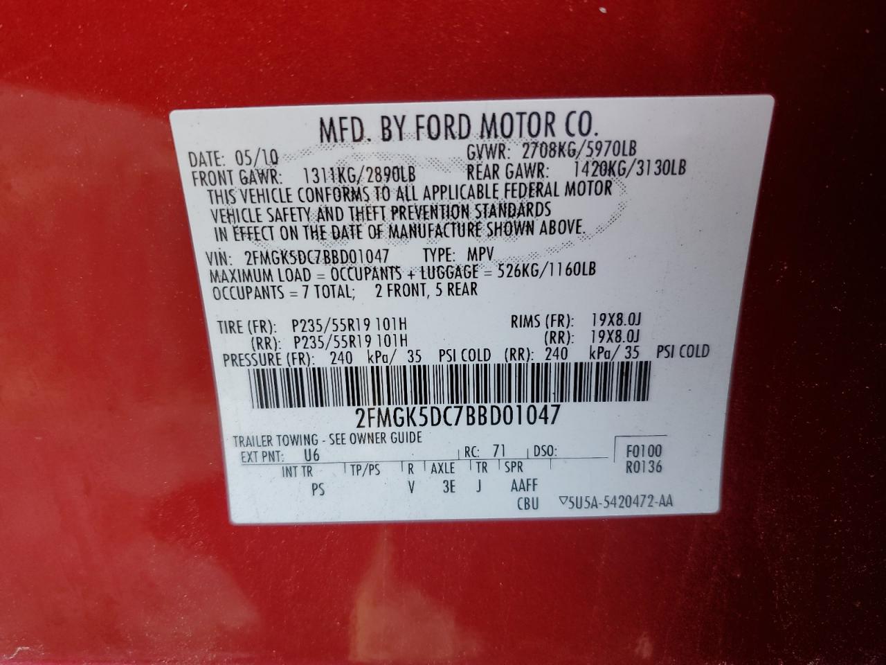 Photo 12 VIN: 2FMGK5DC7BBD01047 - FORD FLEX 