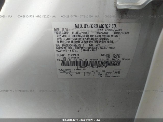 Photo 8 VIN: 2FMGK5DC9ABA90612 - FORD FLEX 