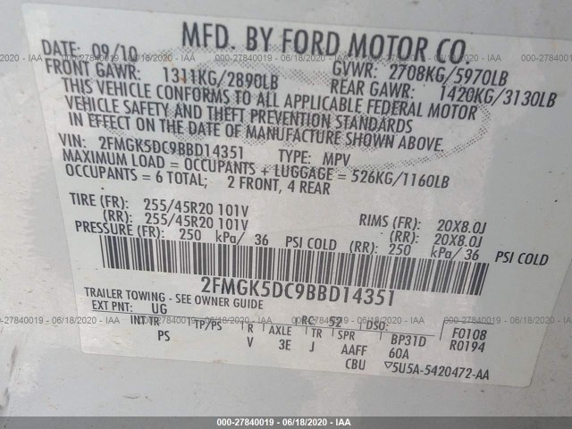 Photo 8 VIN: 2FMGK5DC9BBD14351 - FORD FLEX 