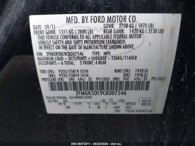 Photo 8 VIN: 2FMGK5DC9CBD07546 - FORD FLEX 