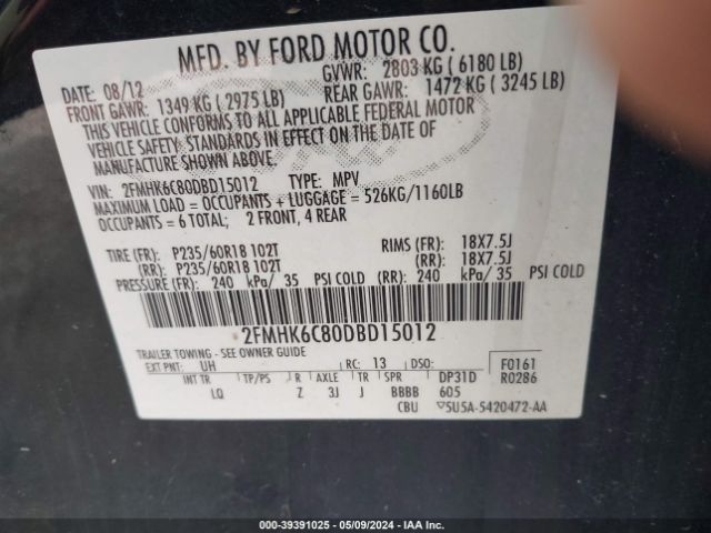 Photo 8 VIN: 2FMHK6C80DBD15012 - FORD FLEX 