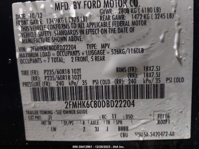 Photo 8 VIN: 2FMHK6C80DBD22204 - FORD FLEX 