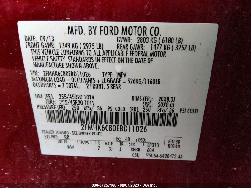 Photo 8 VIN: 2FMHK6C80EBD11026 - FORD FLEX 