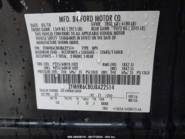 Photo 8 VIN: 2FMHK6C80JBA22514 - FORD FLEX 