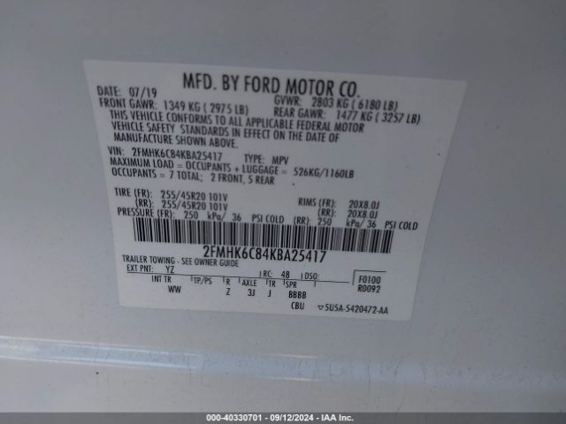 Photo 8 VIN: 2FMHK6C84KBA25417 - FORD FLEX 