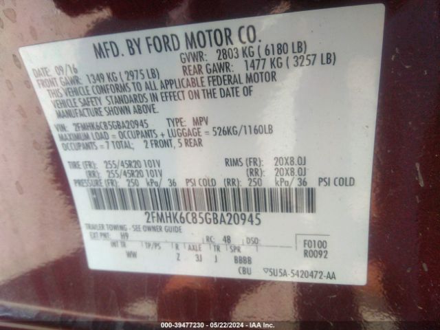 Photo 8 VIN: 2FMHK6C85GBA20945 - FORD FLEX 