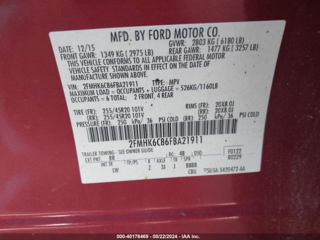 Photo 8 VIN: 2FMHK6C86FBA21911 - FORD FLEX 