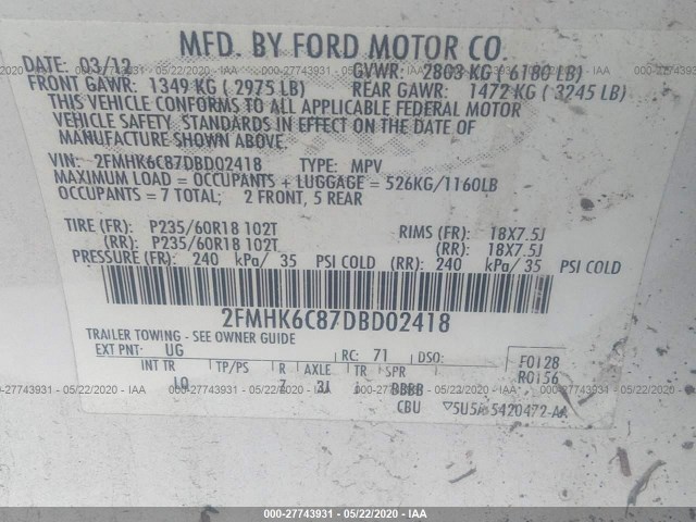 Photo 8 VIN: 2FMHK6C87DBD02418 - FORD FLEX 