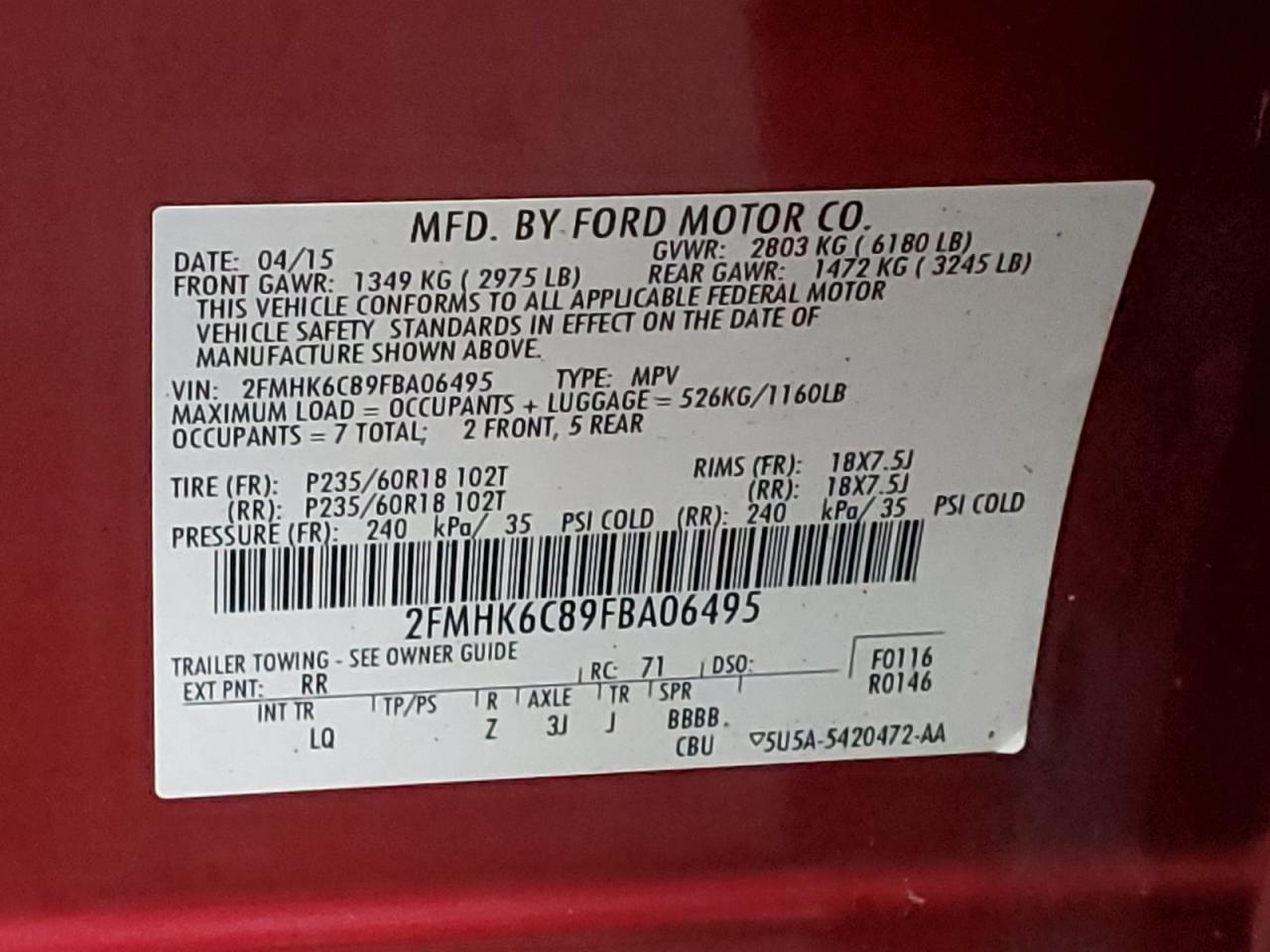 Photo 11 VIN: 2FMHK6C89FBA06495 - FORD FLEX 