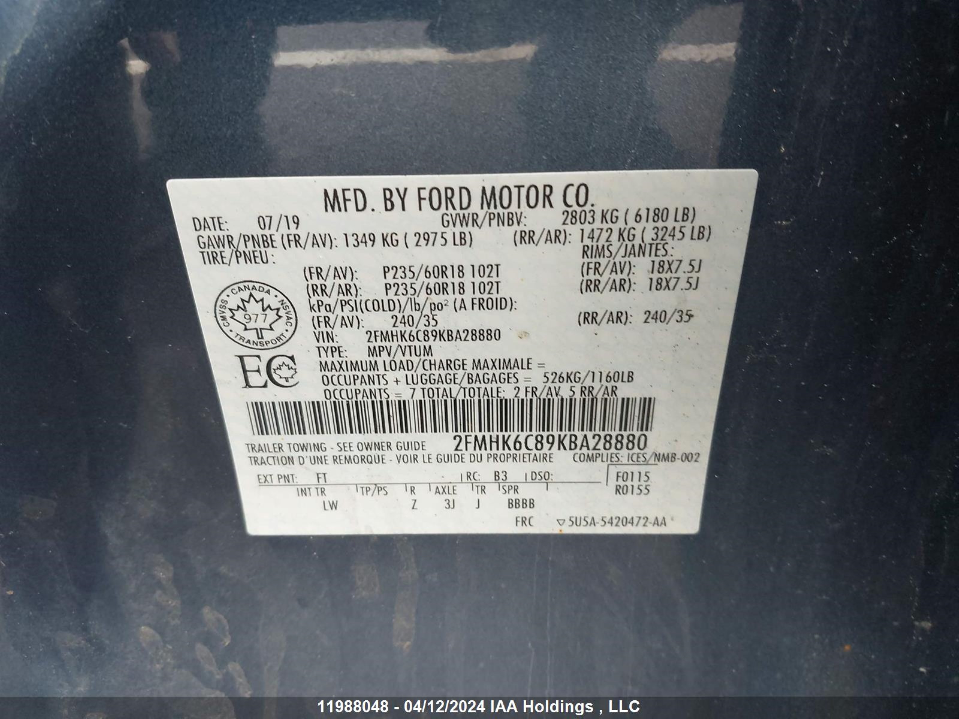 Photo 8 VIN: 2FMHK6C89KBA28880 - FORD FLEX 