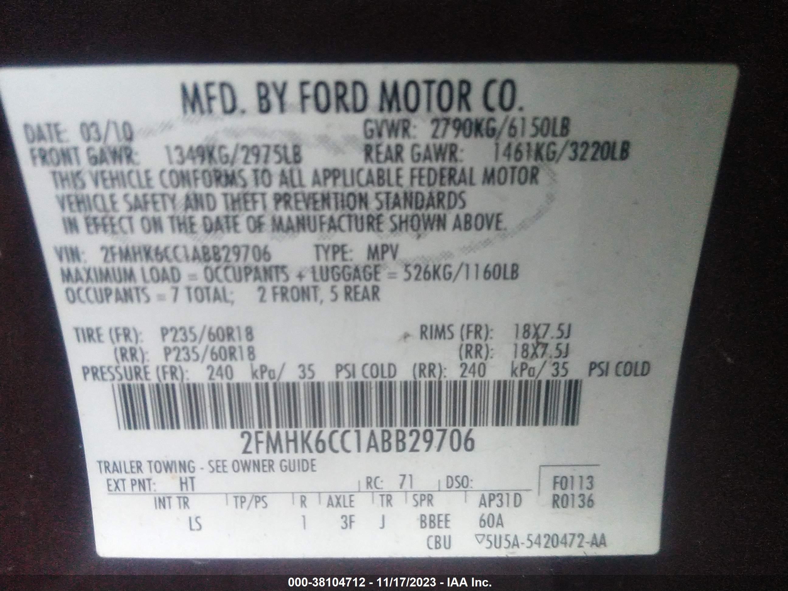 Photo 8 VIN: 2FMHK6CC1ABB29706 - FORD FLEX 