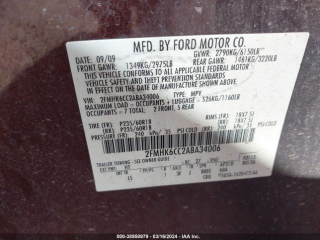 Photo 8 VIN: 2FMHK6CC2ABA34006 - FORD FLEX 