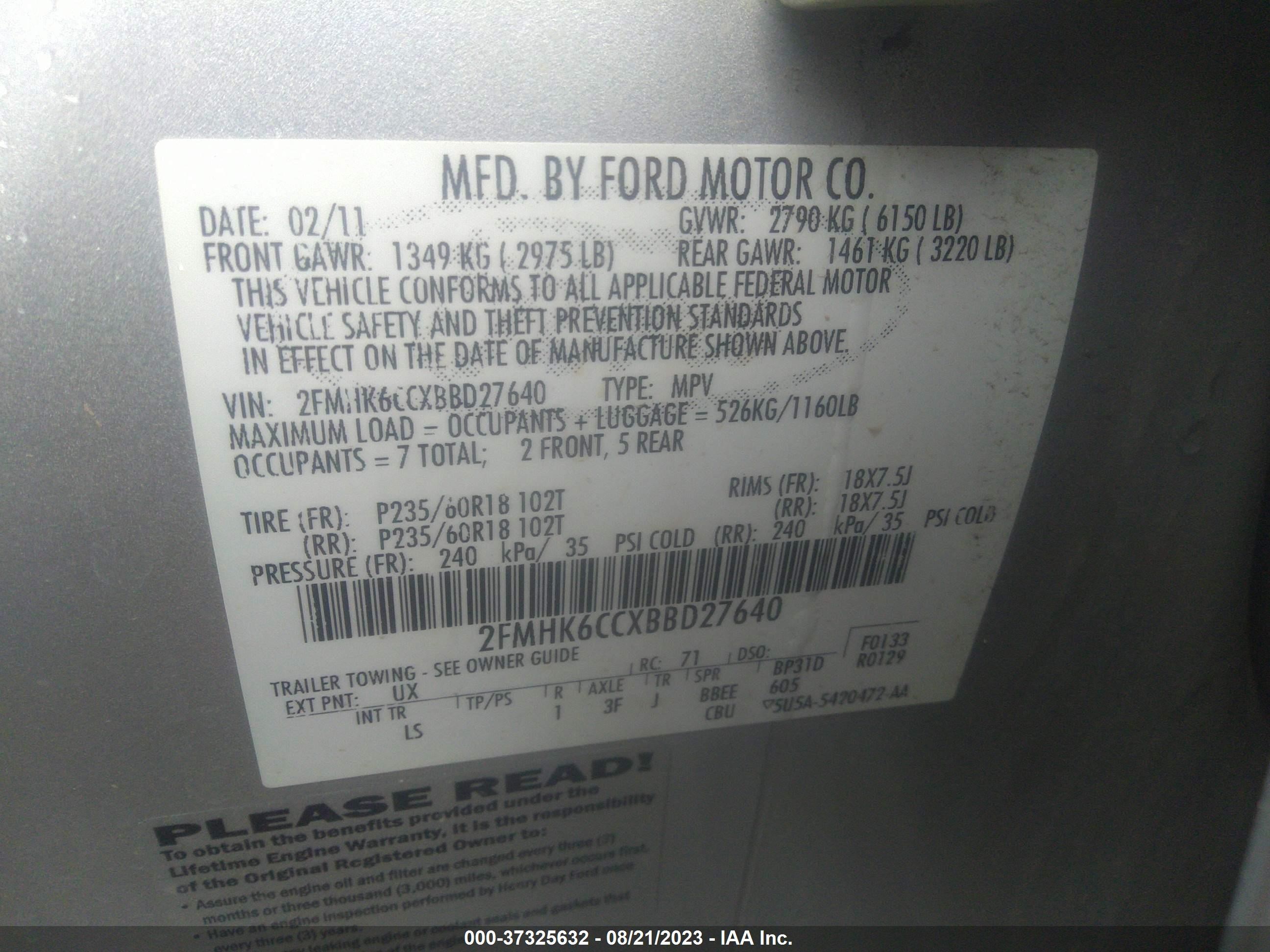 Photo 8 VIN: 2FMHK6CCXBBD27640 - FORD FLEX 