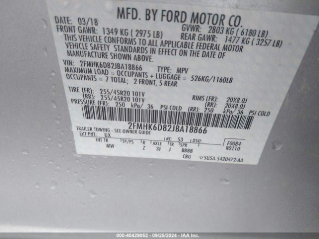 Photo 8 VIN: 2FMHK6D82JBA18866 - FORD FLEX 