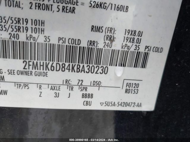 Photo 8 VIN: 2FMHK6D84KBA30230 - FORD FLEX 