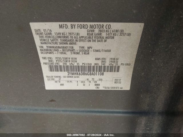 Photo 8 VIN: 2FMHK6D86GBA01108 - FORD FLEX 