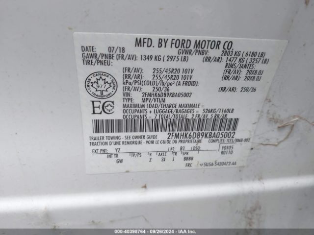 Photo 8 VIN: 2FMHK6D89KBA05002 - FORD FLEX 