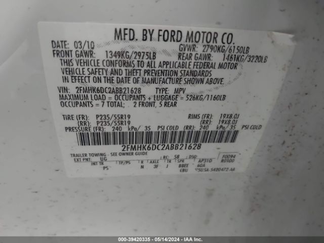 Photo 8 VIN: 2FMHK6DC2ABB21628 - FORD FLEX 