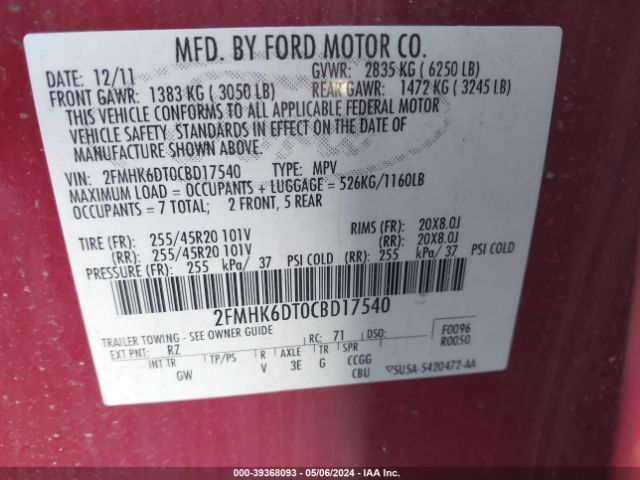 Photo 8 VIN: 2FMHK6DT0CBD17540 - FORD FLEX 