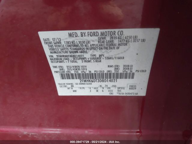 Photo 8 VIN: 2FMHK6DT3DBD14021 - FORD FLEX 