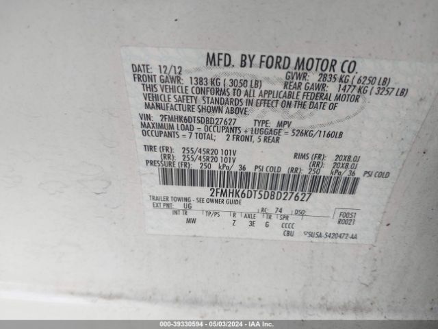 Photo 8 VIN: 2FMHK6DT5DBD27627 - FORD FLEX 