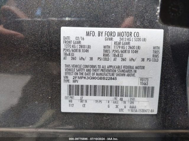 Photo 8 VIN: 2FMPK3G90GBB22845 - FORD EDGE 