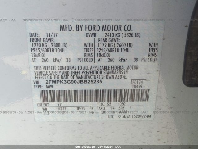 Photo 8 VIN: 2FMPK3G90JBB25235 - FORD EDGE 