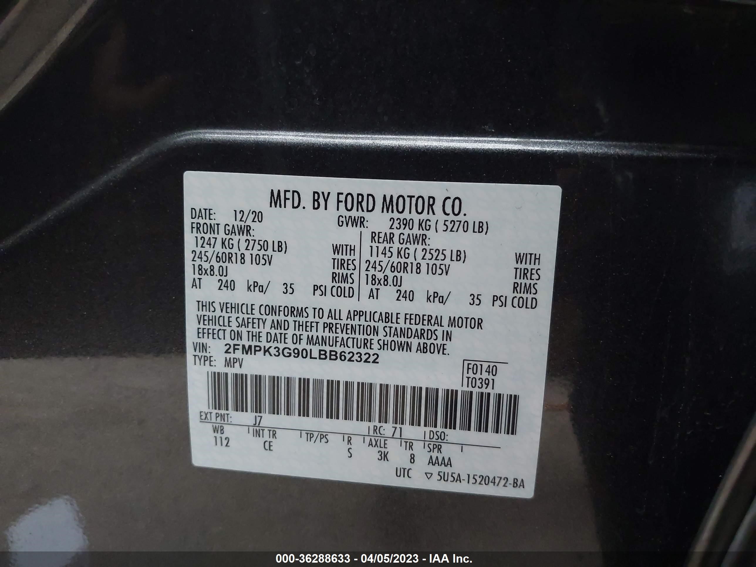 Photo 8 VIN: 2FMPK3G90LBB62322 - FORD EDGE 