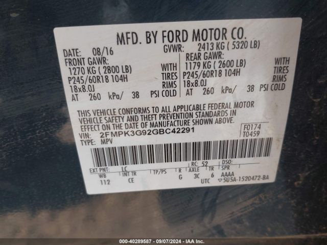 Photo 8 VIN: 2FMPK3G92GBC42291 - FORD EDGE 