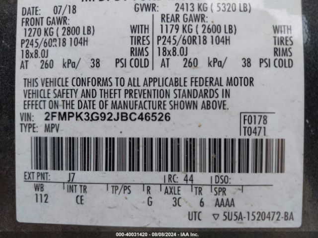 Photo 8 VIN: 2FMPK3G92JBC46526 - FORD EDGE 