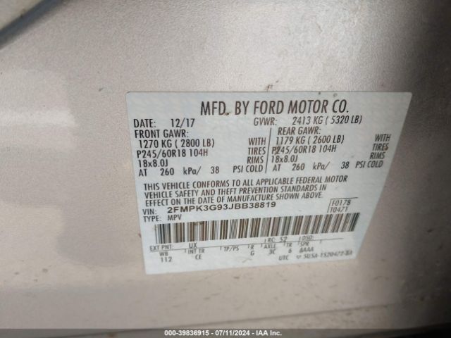 Photo 8 VIN: 2FMPK3G93JBB38819 - FORD EDGE 