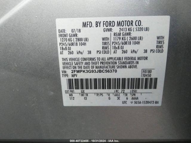 Photo 8 VIN: 2FMPK3G93JBC56370 - FORD EDGE 