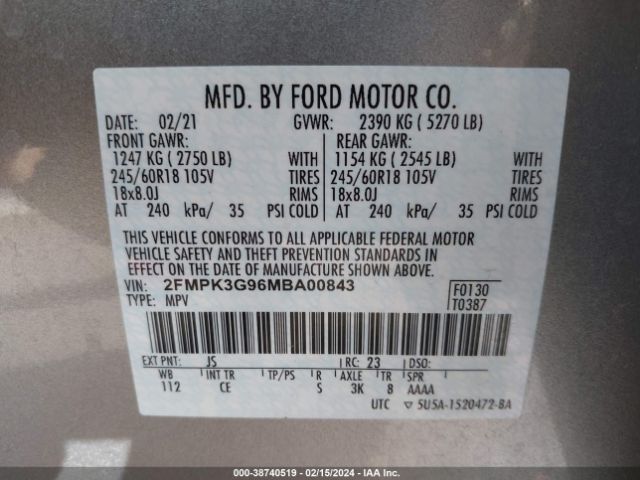 Photo 8 VIN: 2FMPK3G96MBA00843 - FORD EDGE 