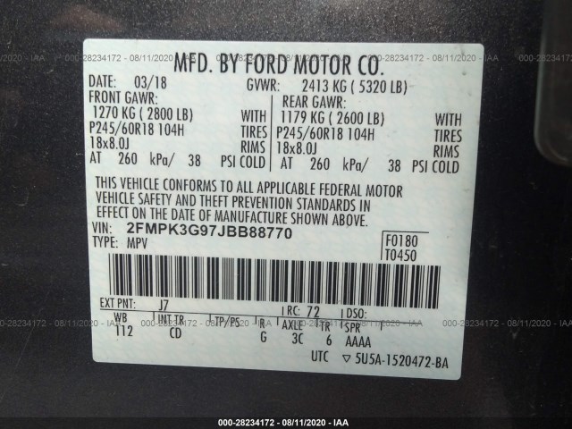 Photo 8 VIN: 2FMPK3G97JBB88770 - FORD EDGE 