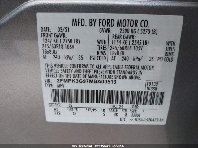 Photo 8 VIN: 2FMPK3G97MBA00513 - FORD EDGE 