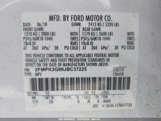 Photo 8 VIN: 2FMPK3G99JBC37225 - FORD EDGE 