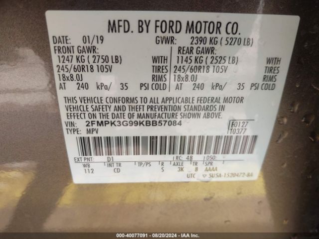 Photo 8 VIN: 2FMPK3G99KBB57084 - FORD EDGE 