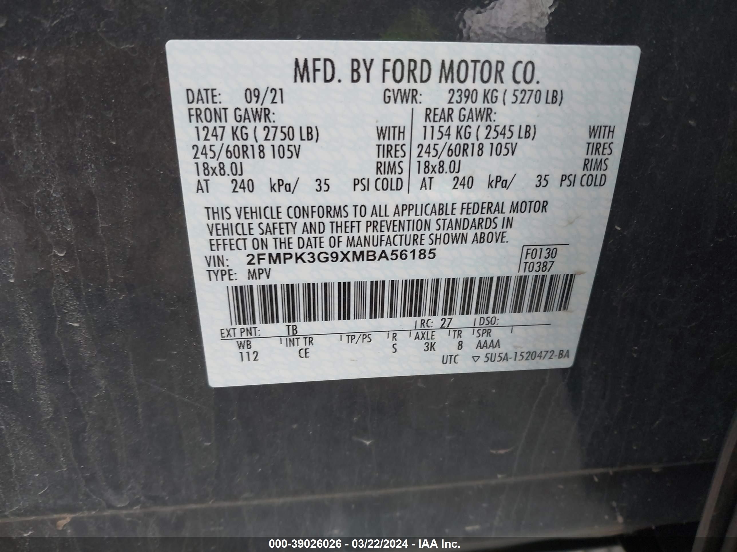 Photo 8 VIN: 2FMPK3G9XMBA56185 - FORD EDGE 