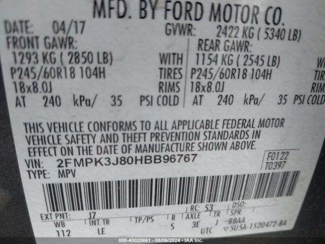 Photo 8 VIN: 2FMPK3J80HBB96767 - FORD EDGE 