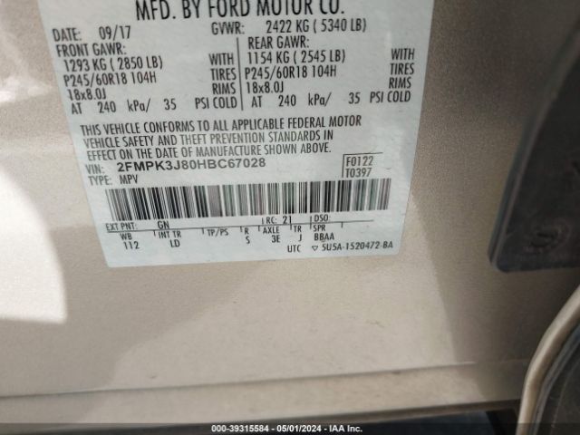 Photo 8 VIN: 2FMPK3J80HBC67028 - FORD EDGE 